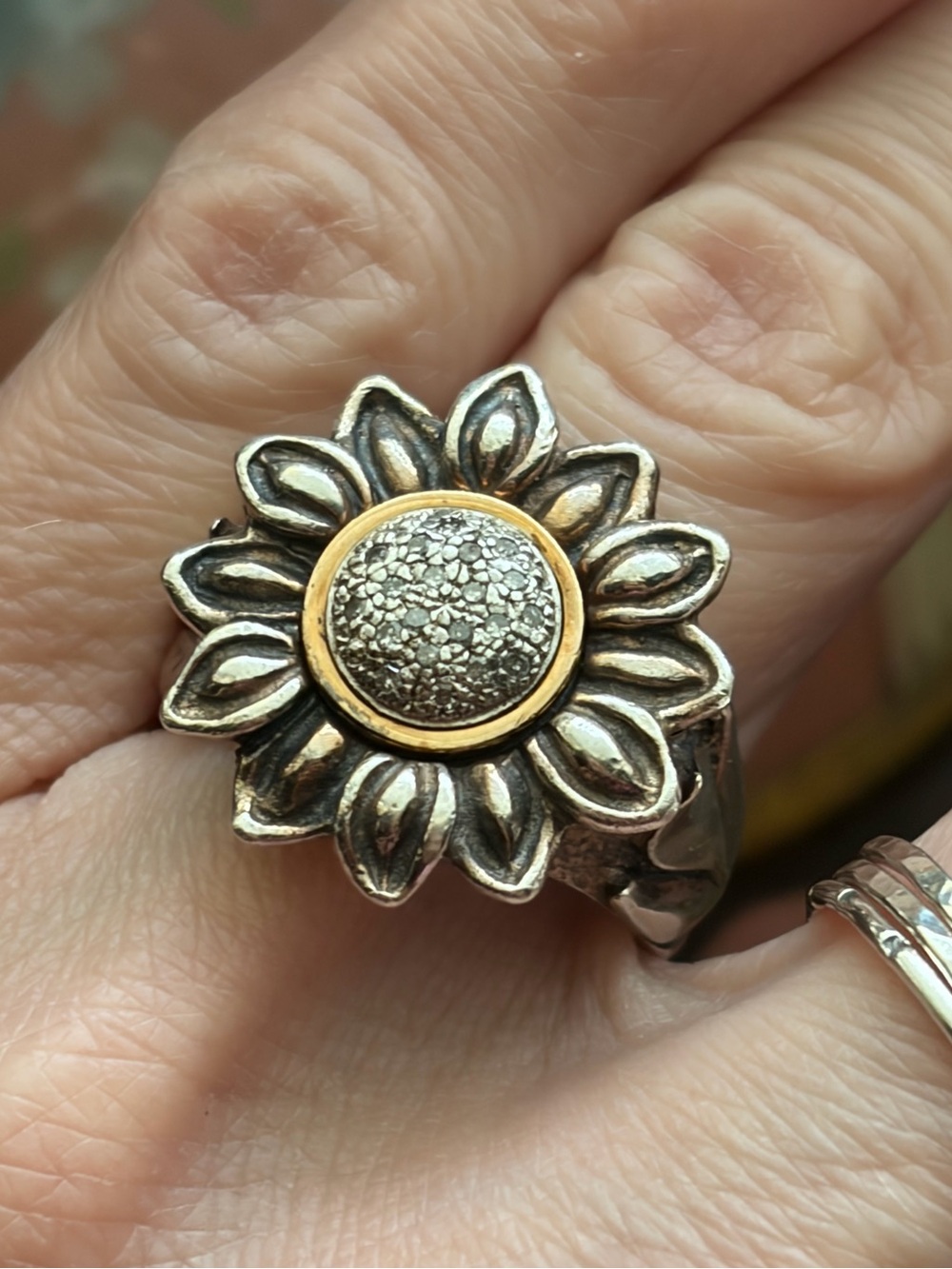 Designer Sterling And 14K Gold Daisy/Sunflower? Ring With Diamond  Chips Ring - Picture 10 of 15